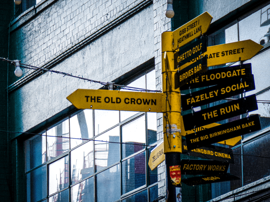 yellow and black signs of key locations in digbeth